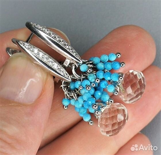 Серьги юв.сплав горный хрусталь, бирюза С571
