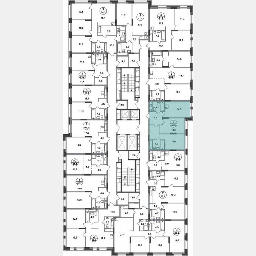 2-к. квартира, 56,8 м², 13/20 эт.