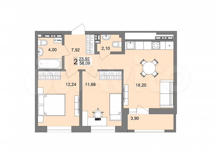 2-к. квартира, 58,1 м², 17/26 эт.
