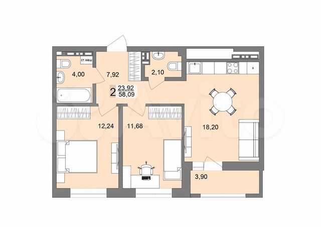 2-к. квартира, 58,1 м², 17/26 эт.