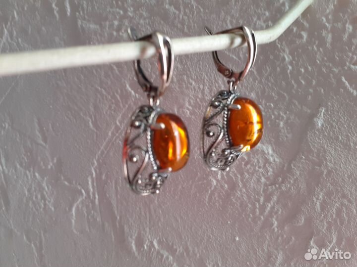 Серьги с янтарём посеребрение