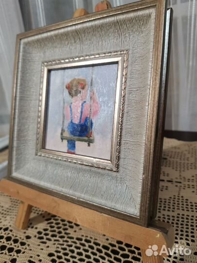 Миниатюрная картина в рамке, Масло На качелях