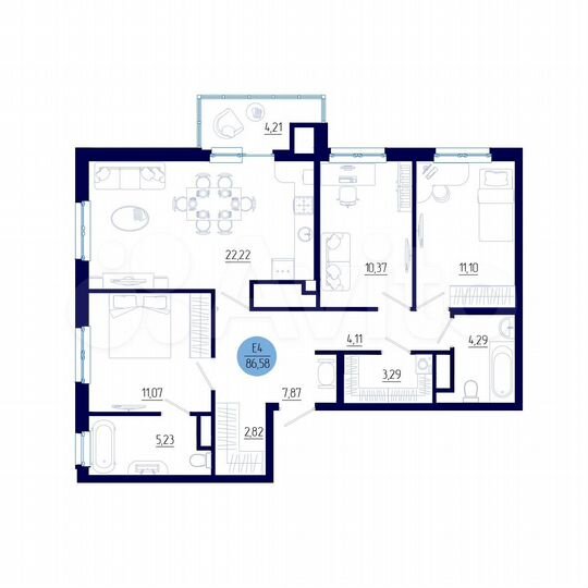 3-к. квартира, 86,6 м², 13/18 эт.