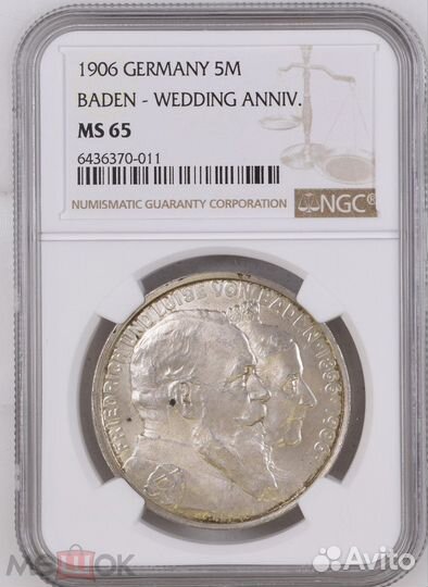5 марок 1906 Баден Свадьба, MS65 NGC