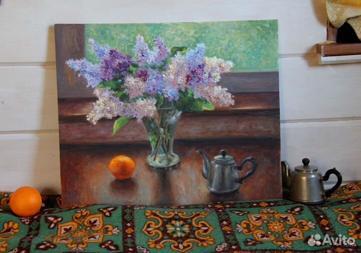 Картина маслом Сирень Натюрморт с чайником