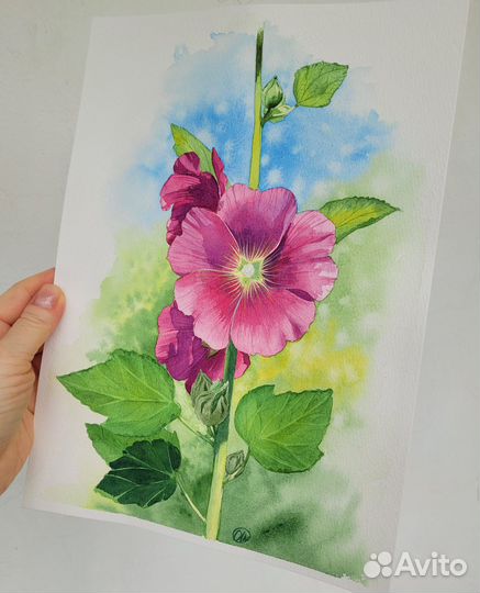 Картина акварель Яркая мальва 20х30 см