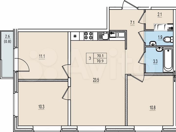 3-к. квартира, 70,9 м², 4/13 эт.