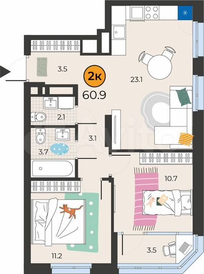 2-к. квартира, 60,1 м², 12/14 эт.