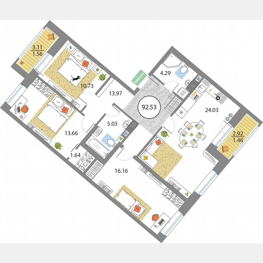 3-к. квартира, 92,5 м², 4/12 эт.