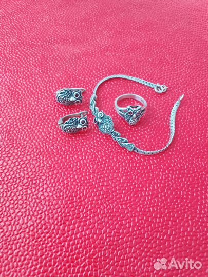 Серебряные серьги браслет кольцо р.17 совы