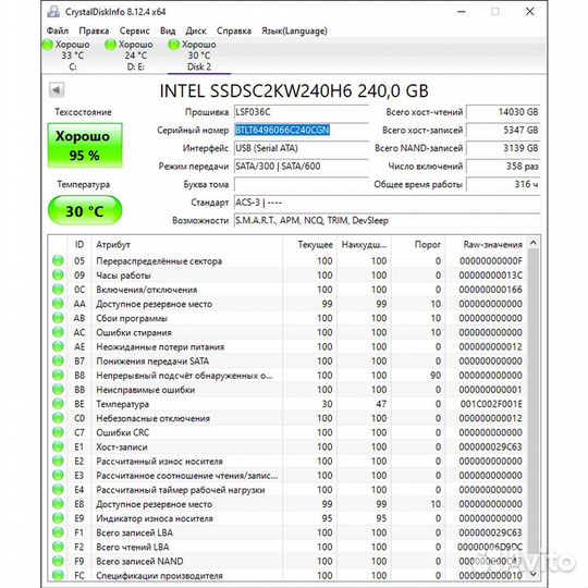 SSD диск ssdsc2KW240H6, 540s, Intel, 240 Гб, SATA