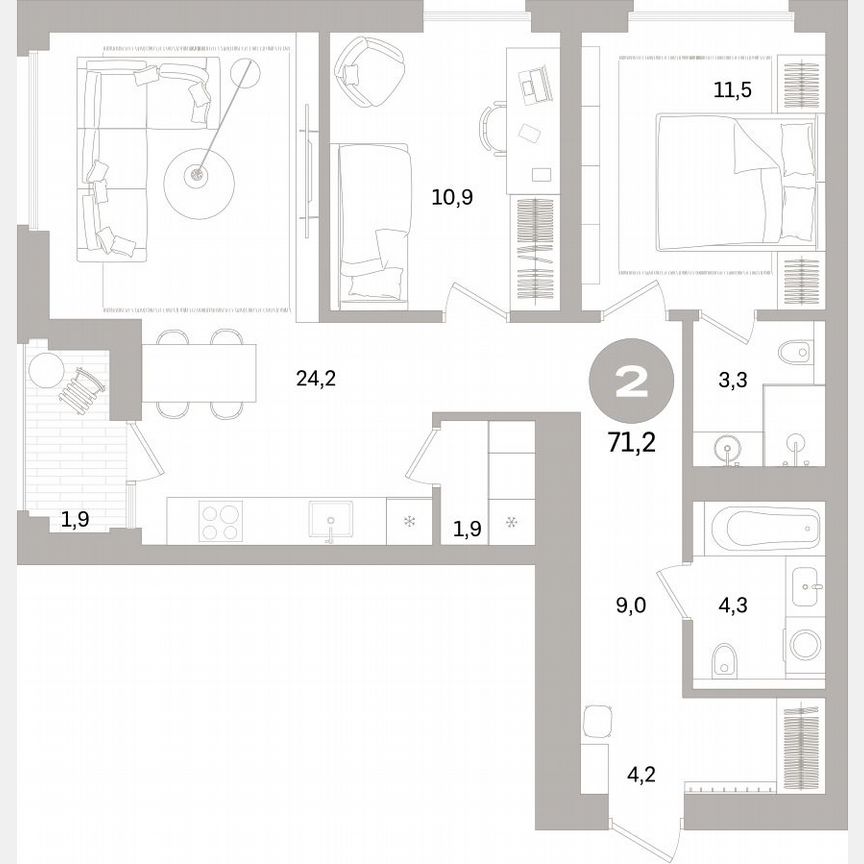 2-к. квартира, 71,1 м², 4/15 эт.