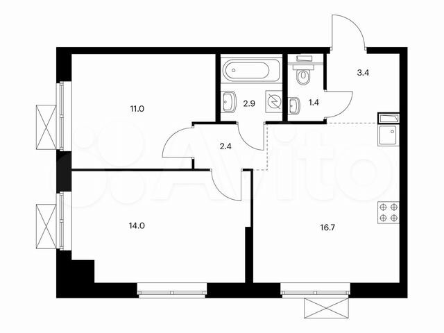 2-к. апартаменты, 51,8 м², 9/21 эт.
