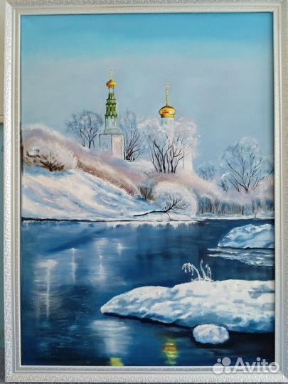 Картина маслом на холсте.Пейзаж. Зимний храм