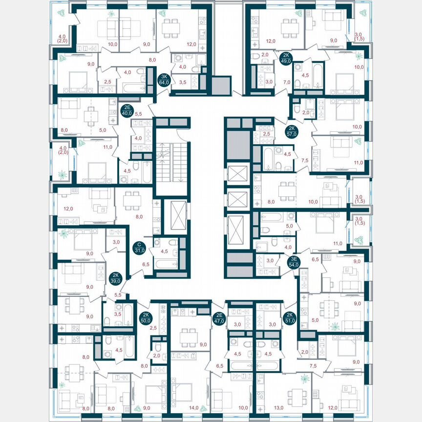 2-к. квартира, 57 м², 30/32 эт.