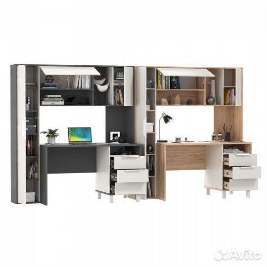 Два компьютерных стола Mobi Комфорт 12.95N с пеналом и тумбой сонома/тёмно-серый/белый