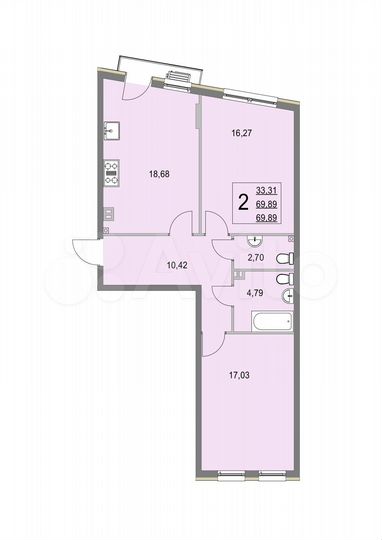 2-к. квартира, 69,9 м², 2/4 эт.