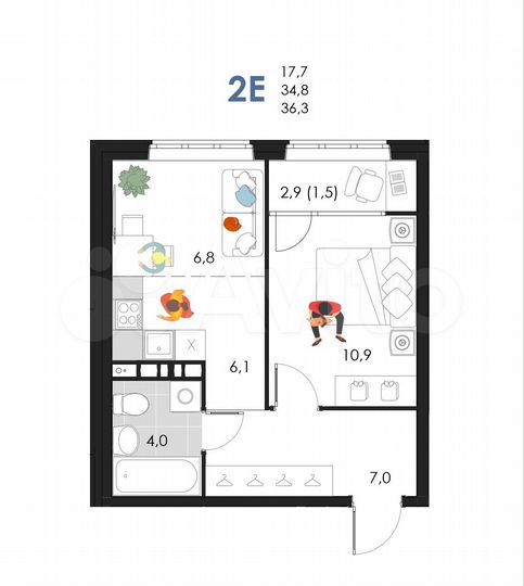 2-к. квартира, 36,3 м², 6/6 эт.