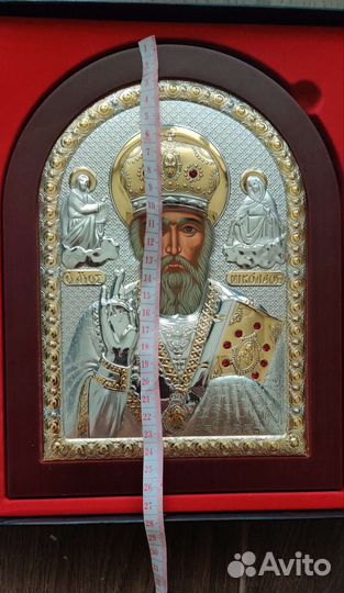 Серебряная икона Николай Чудотворец с золочением