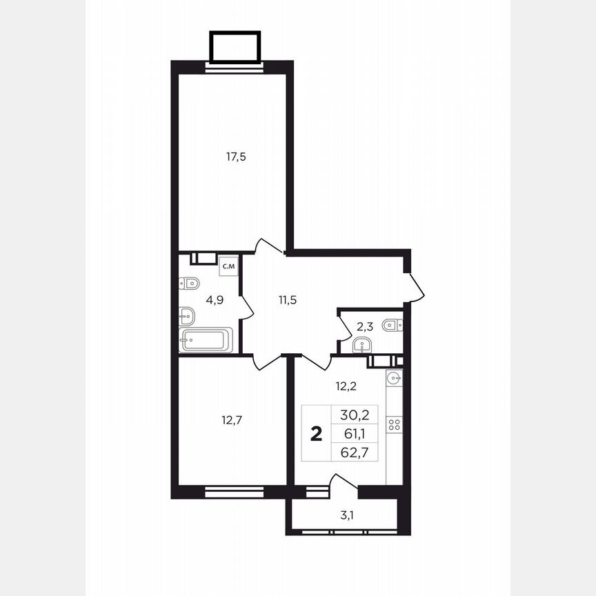 2-к. квартира, 64 м², 9/9 эт.