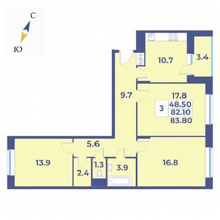 3-к. квартира, 83,8 м², 7/7 эт.