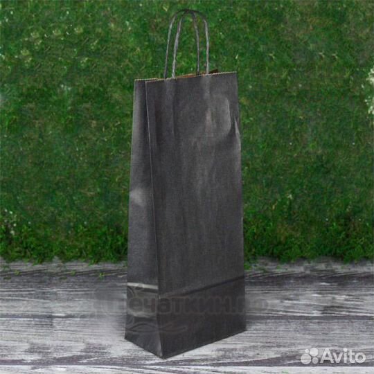 Черный крафт пакет под бутылку с ручками