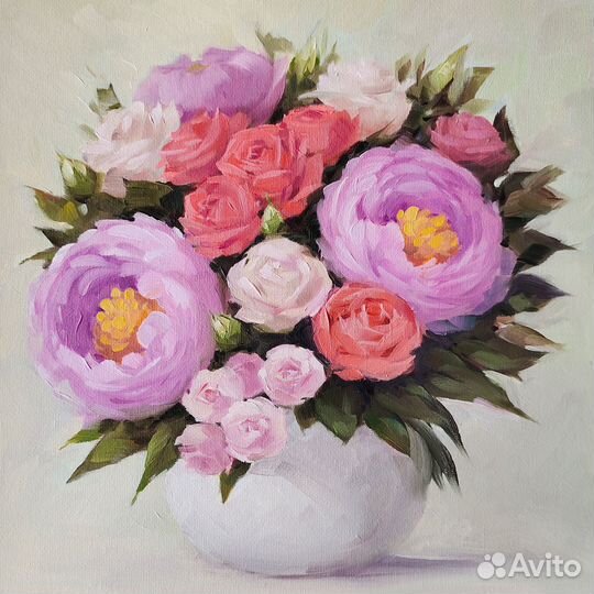 Картина маслом на холсте букет цветов Розы, 25х25