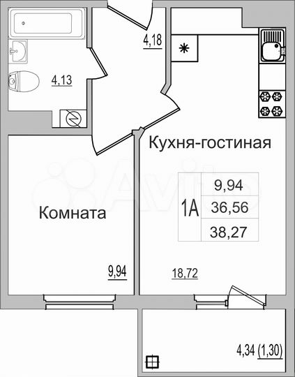 1-к. квартира, 38,3 м², 8/9 эт.