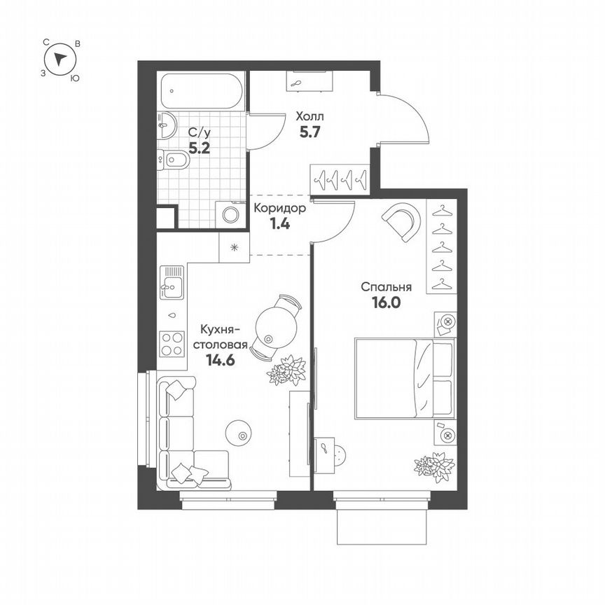 1-к. квартира, 42,9 м², 2/9 эт.