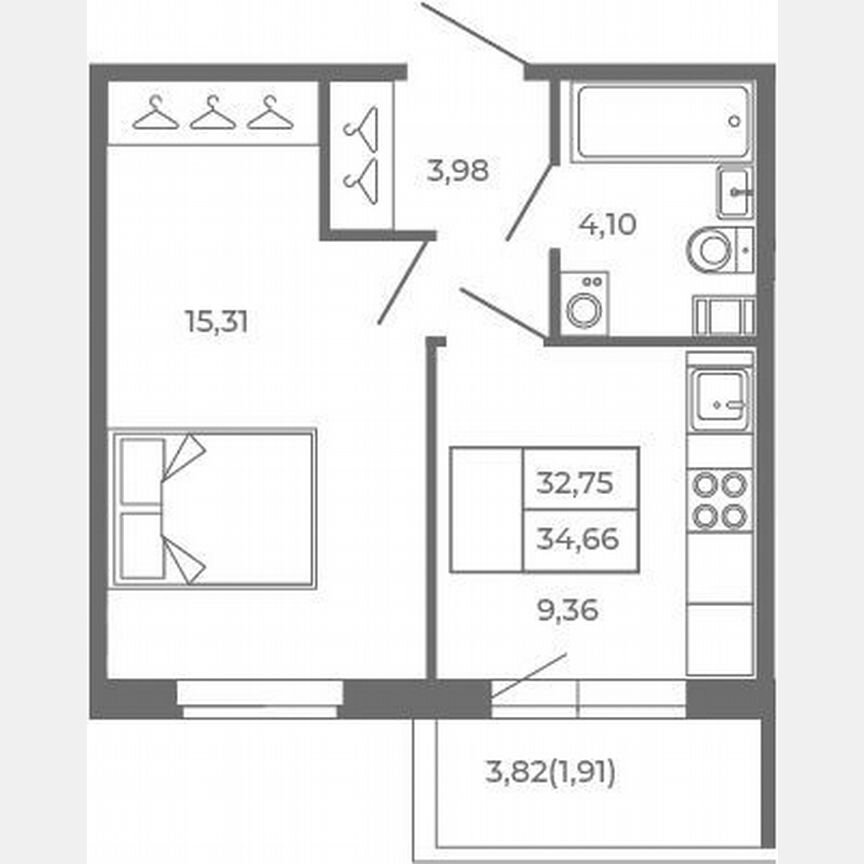 1-к. квартира, 32,8 м², 4/4 эт.
