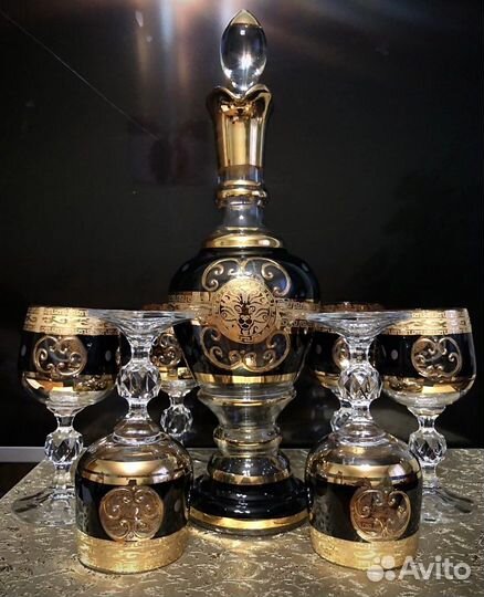 Графин и 6 бокалов. Черное золото Versace. Богемия