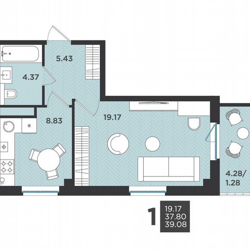 1-к. квартира, 39,1 м², 1/4 эт.