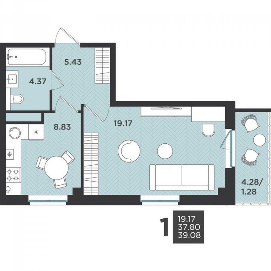 1-к. квартира, 39,1 м², 1/4 эт.