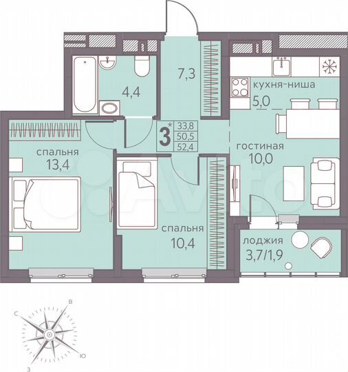 3-к. квартира, 52,4 м², 6/22 эт.