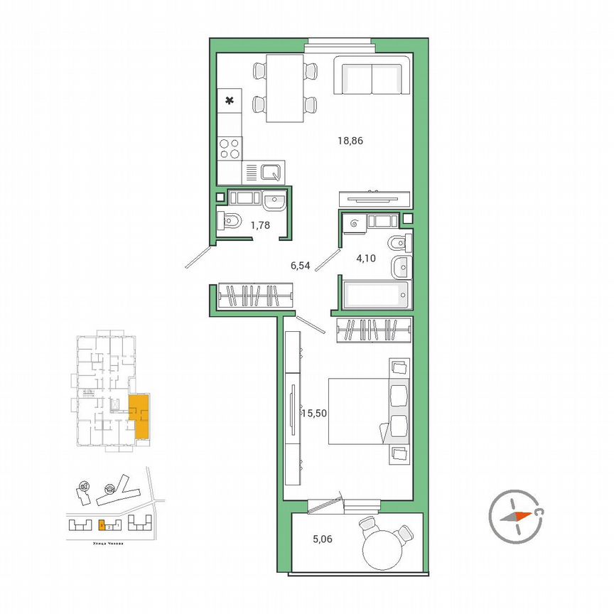 1-к. квартира, 49,3 м², 5/9 эт.