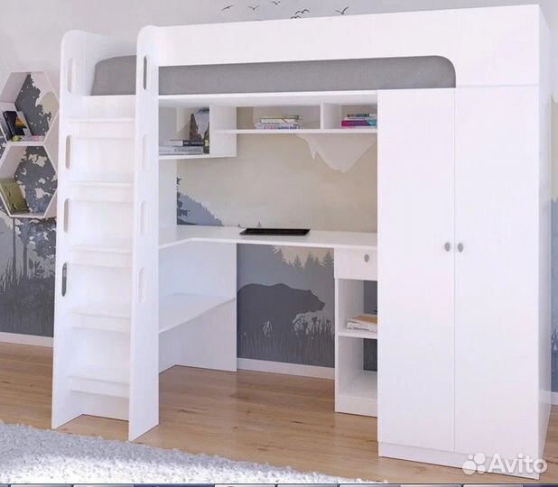 Кровать чердак со столом и шкафом Дуб Молочный/Роз