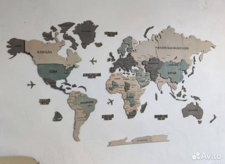 Карта мира из дерева пано на стену с подсветкой