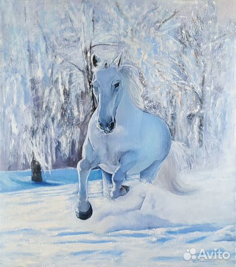 Картина маслом. Зимний пейзаж. Конь. Лошадь