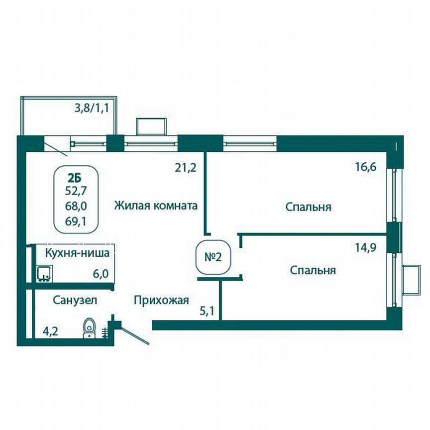 2-к. квартира, 69,1 м², 8/17 эт.