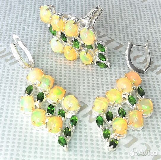 Серьги опал, хромдиопсид серебро С071
