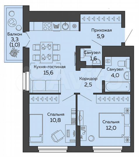 2-к. квартира, 53,5 м², 22/25 эт.