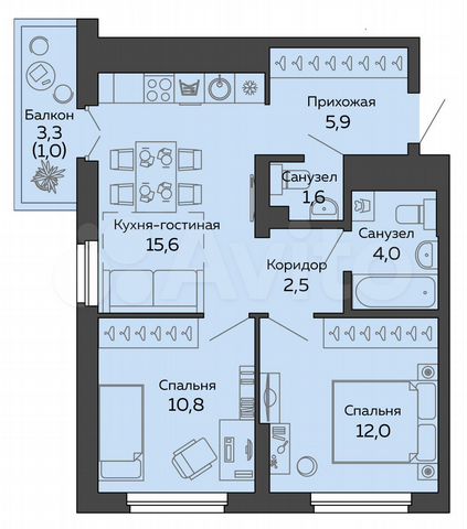 2-к. квартира, 53,5 м², 22/25 эт.