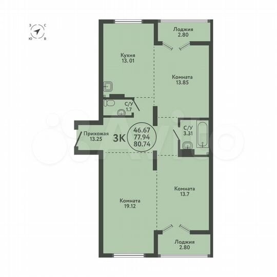 3-к. квартира, 80,7 м², 3/9 эт.