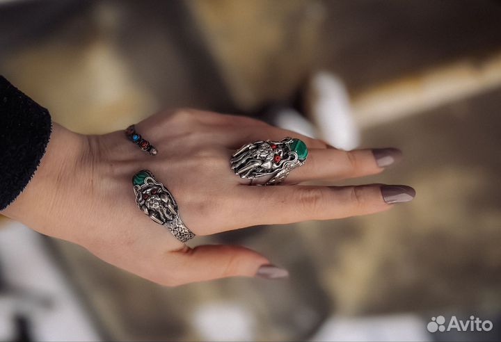Набор кольцо с браслетом Непальский Дракон малахит
