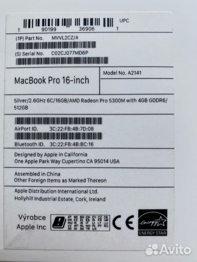 Macbook pro 16 2019 2,6GHz 6C i7 512Gb SSD