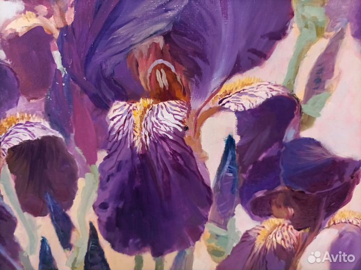 Картина с цветами маслом. Ирисы фиолетовые