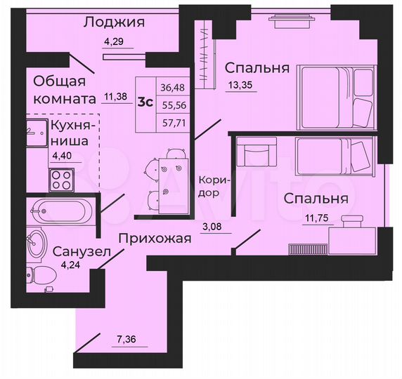 3-к. квартира, 55,6 м², 17/24 эт.