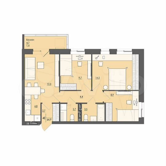 4-к. квартира, 64,9 м², 3/8 эт.