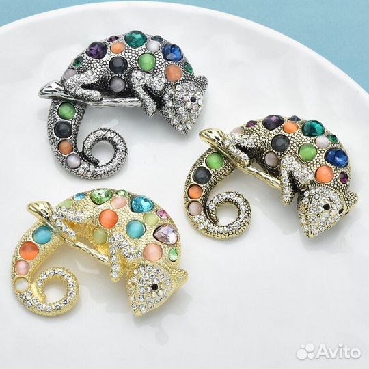 Премиум Брошь Геккон серебро кристаллы