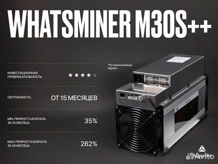 Asic майнер whatsminer M30S++ РФ гтд / 106 тh/S